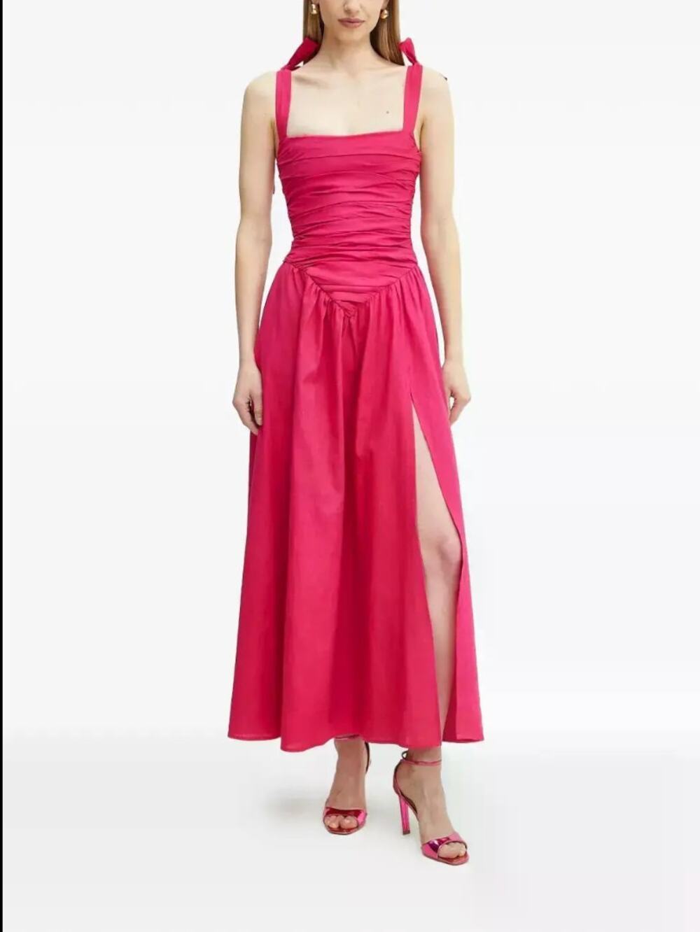 Bardot Mirelle Hot Pink Linen Blend Ruched Maxi Dress Tie Straps Sz 8 NWT $229